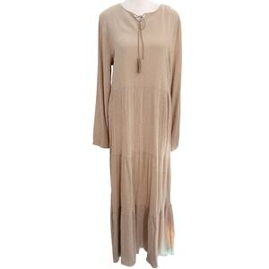 Lagenlook Prairie Cottage Maxi Dress 12 XL Boho Beige Tan Dot Tassel Long Sleeve